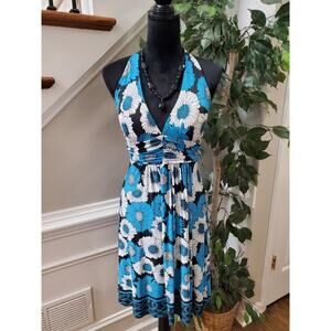 Co-Me Como Blue Multicolor Floral Halter Neck Sleeveless Knee Length Dress M